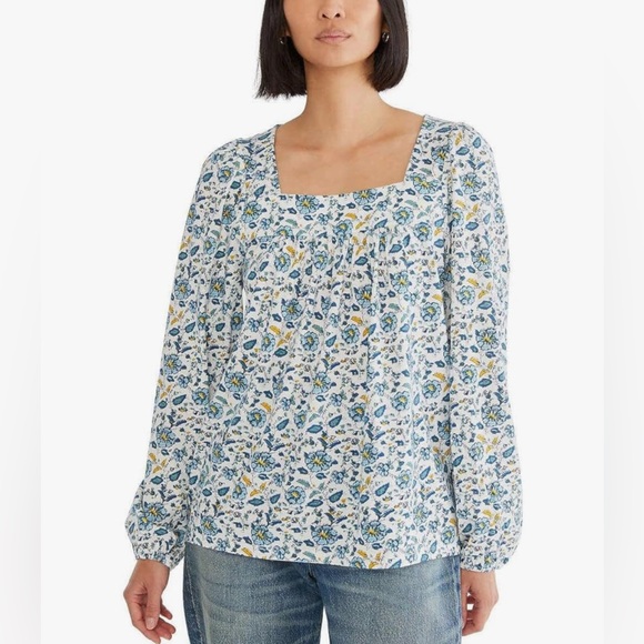 Lucky Brand Peasant Prairie Blue Floral square Neckline long Sleeve Top Large - Picture 2 of 8